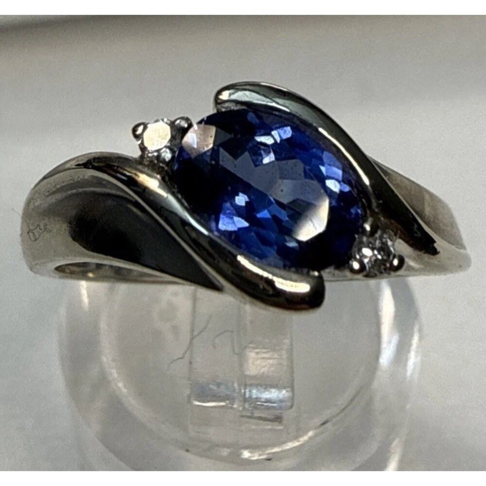 10k White Gold Oval Blue Sapphire & Diamonds Ring 2.88g Marked LGL Size 6.5